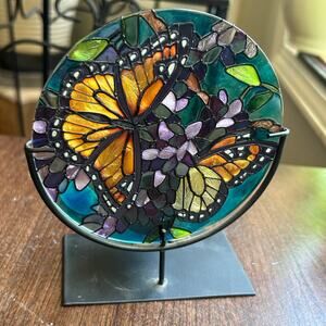 Joan Baker design hand painted glass butterfly floral candle holder suncatcher